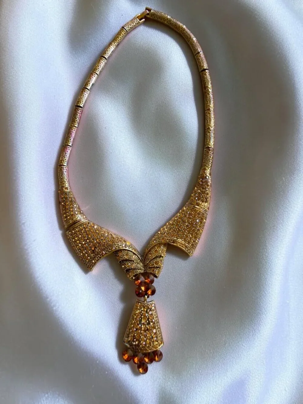 Vintage Gold-Tone Ornate Necklace With Amber Crystal Pendant & Intricate Details - Picture 11 of 11